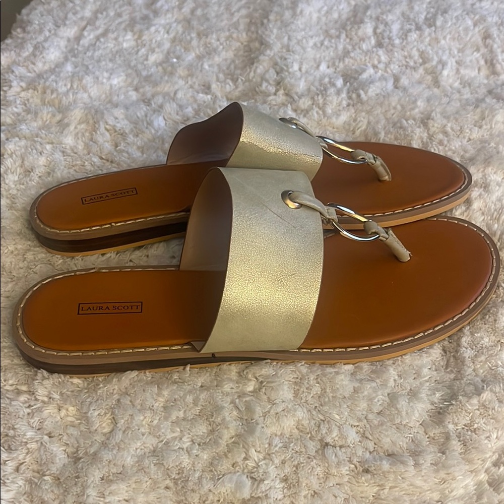 Laura Scott Silver and Brown Sandals with Chic Metallic Detail Size 10